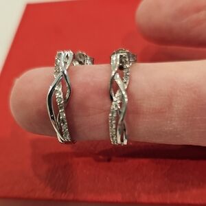 Diamond And 925 Silver Criss Cross Hoop Ear Rings Genuine Diamonds